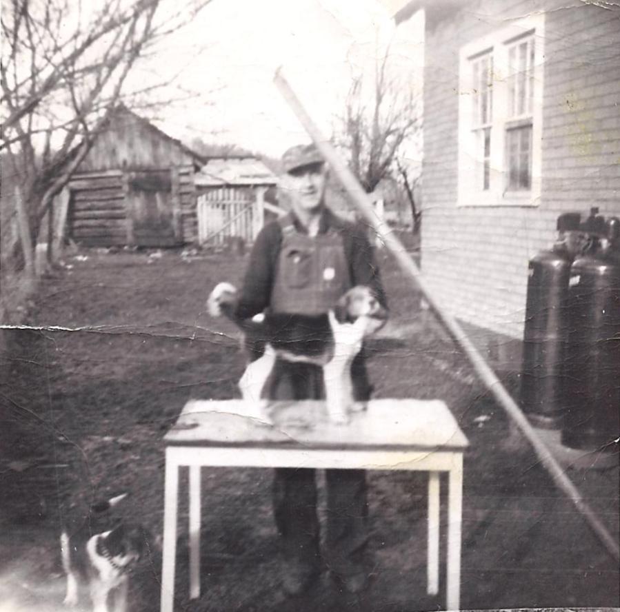 Black and white photograph of Delmer Roney standing outdoors with his award-winning foxhounds. Delmer, dressed in overalls and a hat, is positioned behind a wooden table where one of his dogs sits poised, looking directly at the camera. Another dog stands by Delmer's side, partially in motion. The backdrop features a rustic rural setting with a wooden shed and a leafless tree, emphasizing the outdoor, country lifestyle. Delmer appears relaxed and proud, a testament to his involvement with the Missouri Foxhunters Association and his passion for raising and training foxhounds.