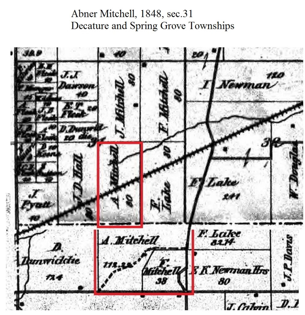 A black-and-white map identifying Abner Mitchell's 1848 homestead, located in Decatur and Spring Grove Townships, Green County, Wisconsin. Abner’s land parcels are highlighted with red rectangles, showcasing a significant tract of farmland bordered by neighboring families and landmarks.