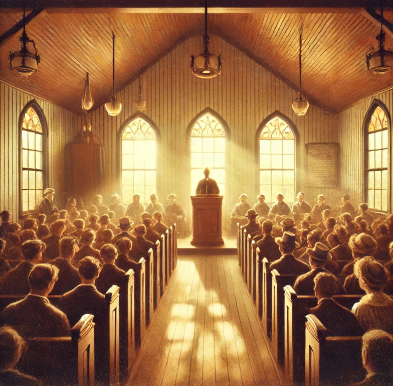 Warm, vintage-style illustration of an early 20th-century rural church interior filled with soft sunlight. Seen from the back of the congregation, the church has wooden pews filled with men, women, and children attentively facing a preacher standing at a wooden pulpit. Three tall arched windows behind the preacher let in beams of golden light, casting a warm glow across the wooden floor. The atmosphere is serene and reverent, capturing a sense of community gathering and faith. Hanging lanterns and rustic details on the walls complete the nostalgic feel of the church setting.