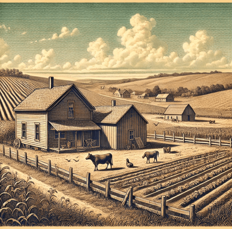 A vintage-style sepia illustration depicting a farm settlement in Deerfield, Wisconsin, circa 1855. The scene shows a modest wooden farmhouse with a small barn nearby, surrounded by fields with crops and grazing animals like cows and chickens. Rolling hills and a few scattered homesteads are visible in the background.
