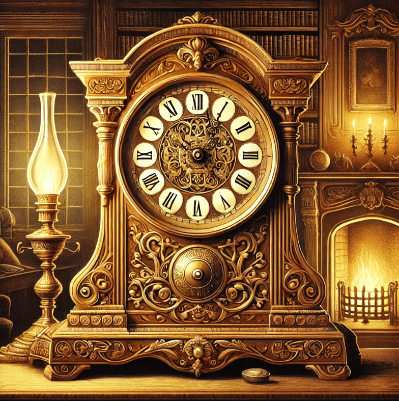  A richly ornate 19th-century mantel clock made of wood and adorned with intricate carvings. The Roman numerals on the clock face point to midnight, and the clock is surrounded by a warm, dimly lit parlor setting with a glowing hearth, oil lamps, and shelves of books, emphasizing the historic and intimate atmosphere.
