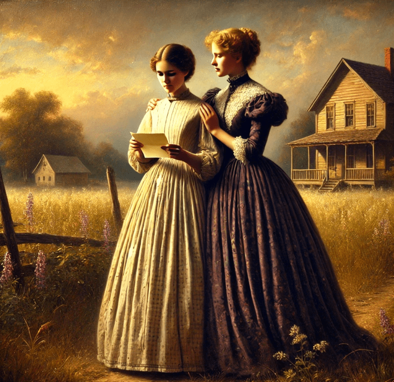 A classic oil painting depicting two sisters in 19th-century dresses standing together in a sunlit countryside. One sister holds a letter, looking down at it thoughtfully, while the other places a comforting hand on her shoulder. A farmhouse and field of wildflowers fill the background, evoking a serene, pastoral setting.